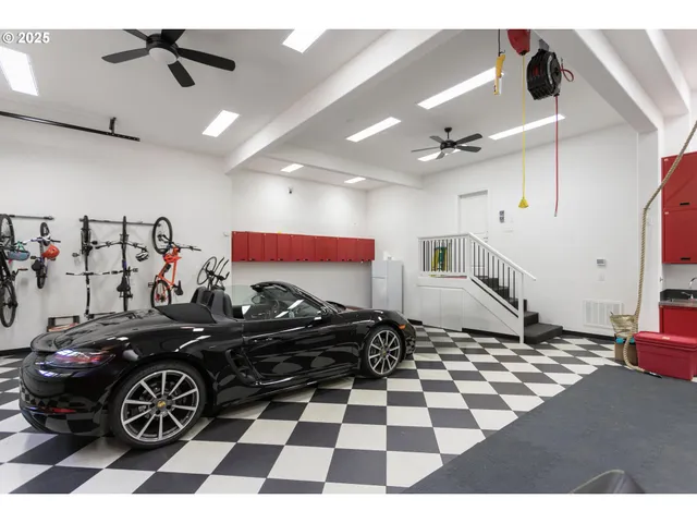 a room with a black white checkered floor with a black white checkered floor