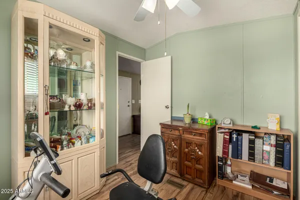 a workspace with furniture and window