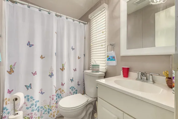 a bathroom with a sink a toilet and shower curtain