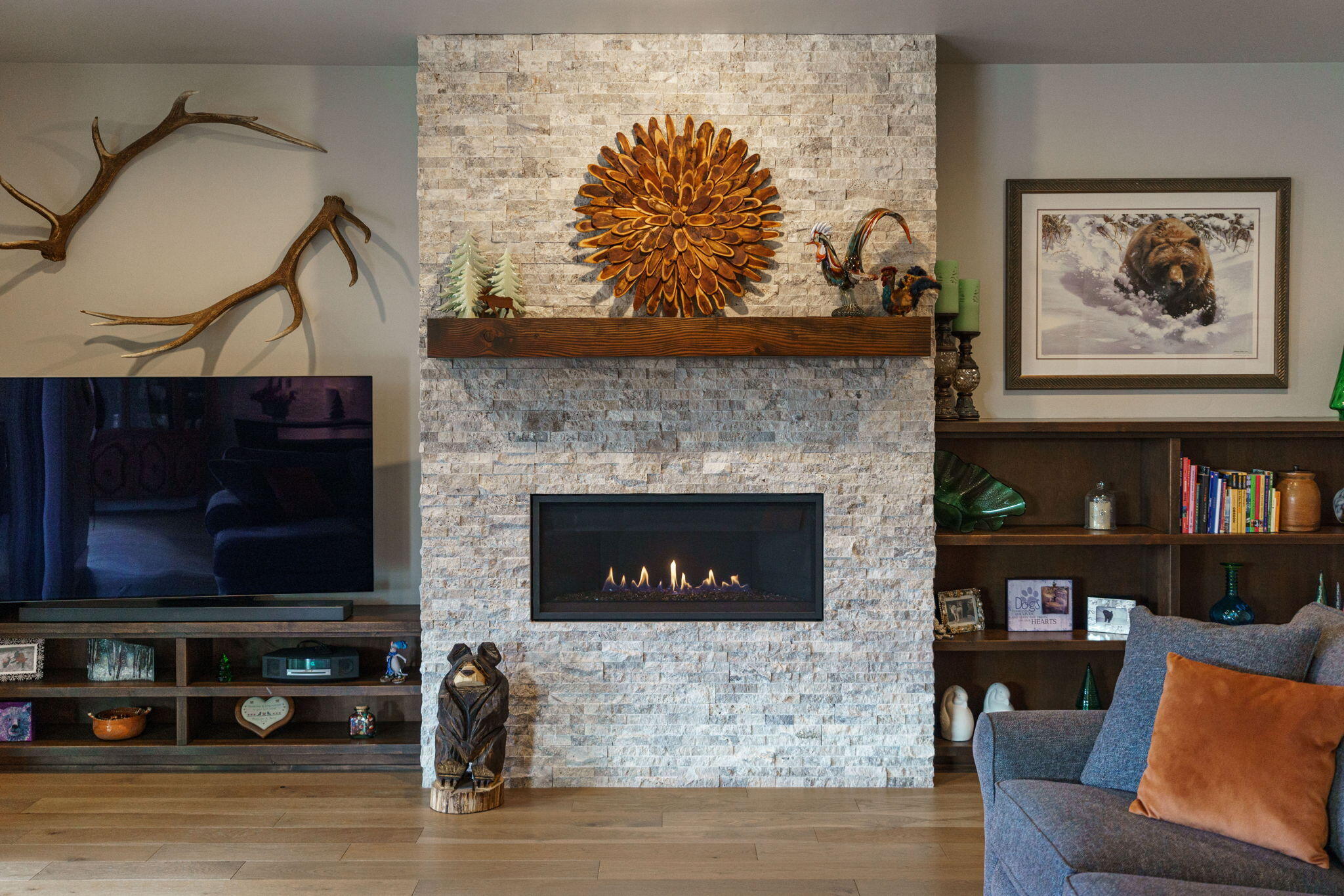 60861 Southwest Headwaters Loop Bend, OR 97702 - Photo 11 of 45 Floor to ceiling stacked stone gas fireplace.