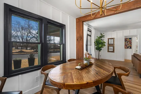 a view of a dining room with furniture window and wooden floor