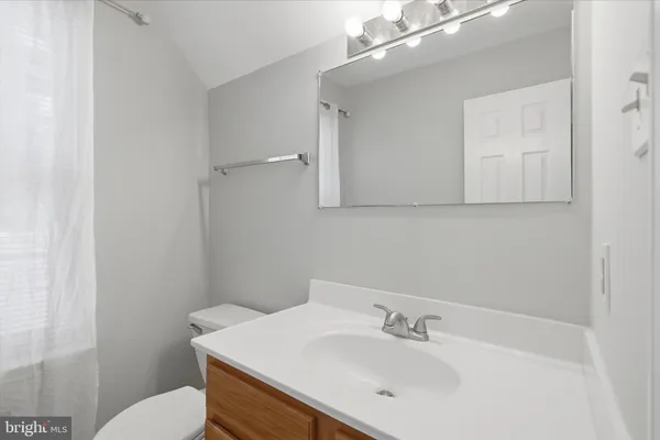 a bathroom with a sink mirror and toilet