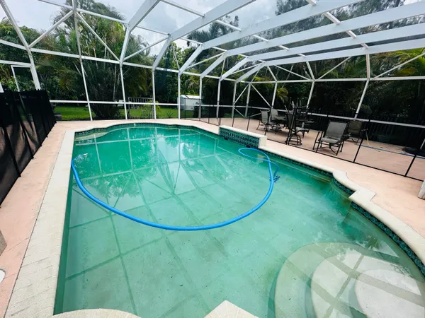 a view of a swimming pool with a bench