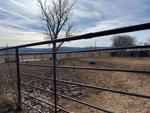 a view of a yard with wooden fence