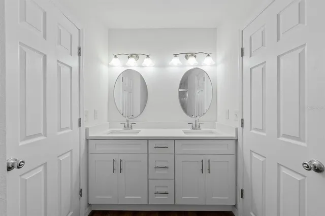 a bathroom with a sink and a mirror