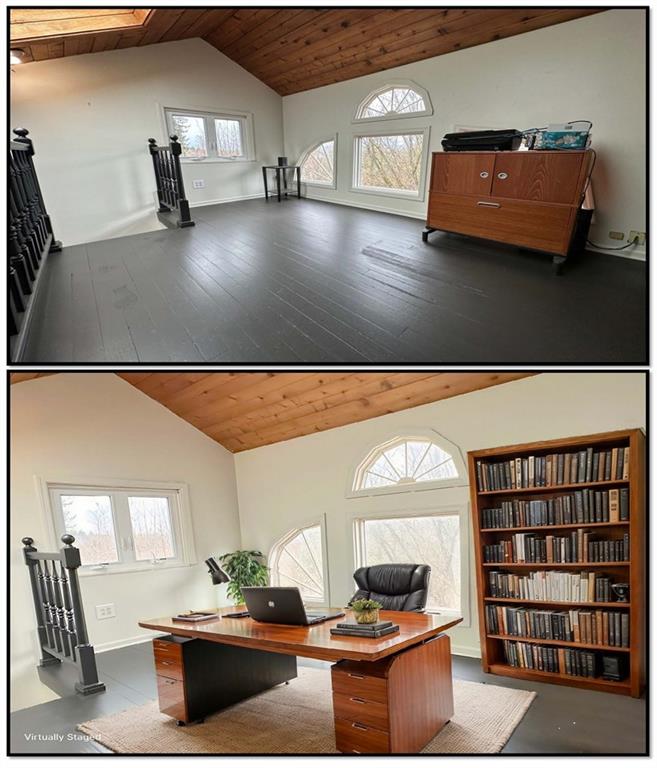 5515 Richland Road Gibsonia, PA 15044 - Photo 28 of 46 The 13’ x 9’ Loft, has a cathedral ceiling of knotty pine, two large skylights, hardwood flooring, a Palladium window and a double window. The lower photo is VIRTUALLY STAGED as a home Office for one person.