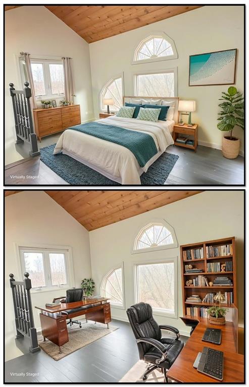 5515 Richland Road Gibsonia, PA 15044 - Photo 29 of 46 This photo is VIRTUALLY STAGED as a 13’x9’ Guest Bedroom in the top photo and as a Home Office for Two in the lower. This light filled room with hardwood flooring and two sky lights, is architecturally interesting and it looks out to great country views!