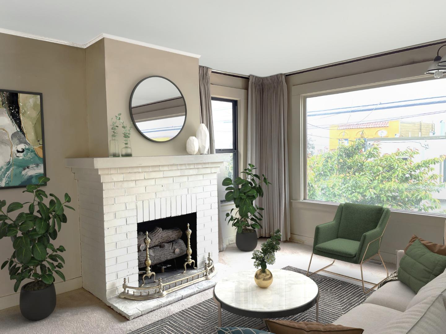 a living room with furniture a window and a fireplace