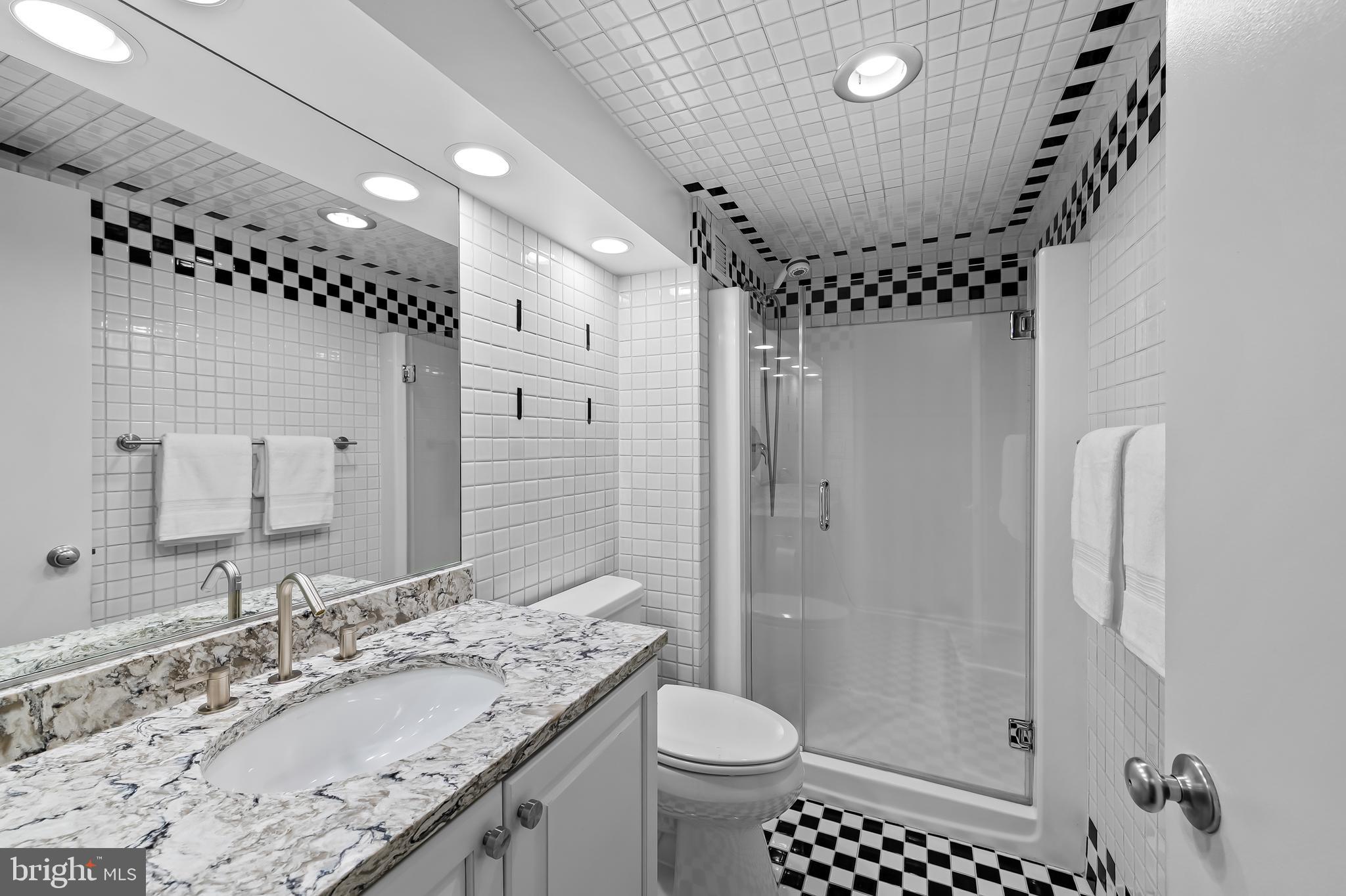 111 Hamlet Hill Road, Unit 1113 Baltimore, MD 21210 - Photo 13 of 27 a bathroom with a granite countertop sink a mirror a toilet and shower