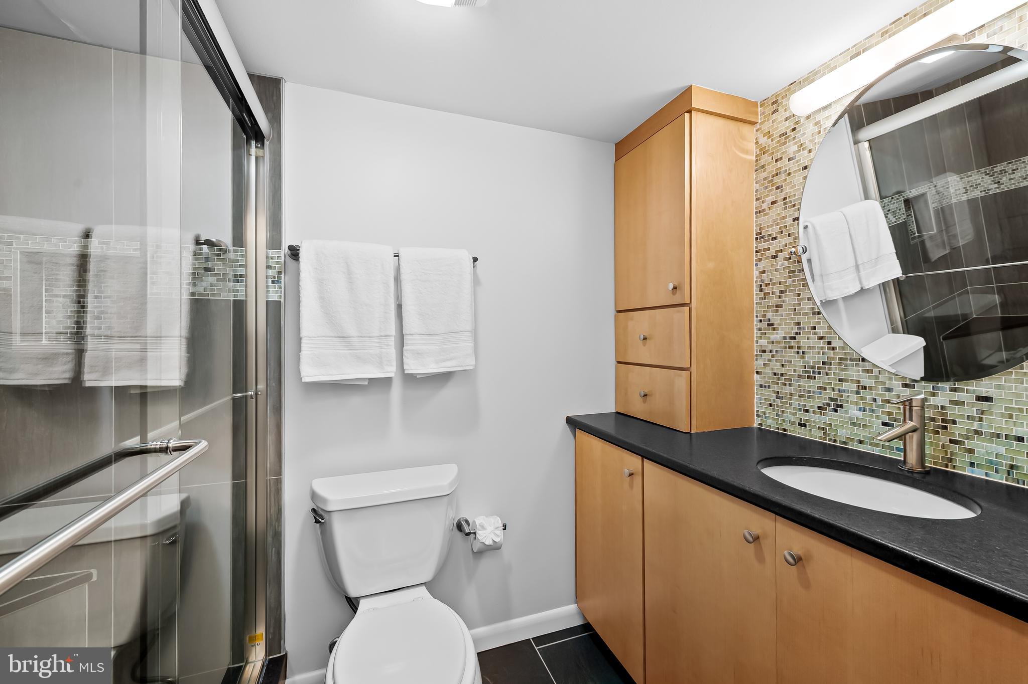 111 Hamlet Hill Road, Unit 1113 Baltimore, MD 21210 - Photo 17 of 27 a bathroom with a granite countertop sink toilet and shower