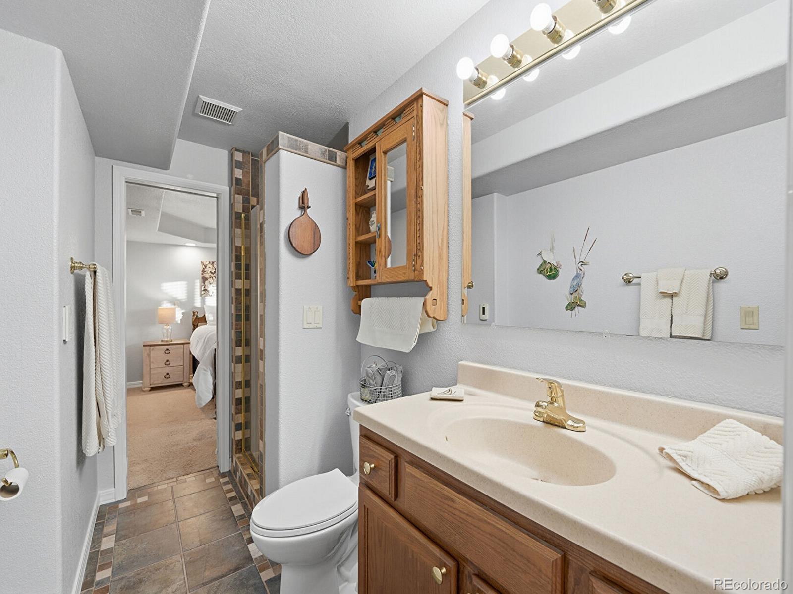 3308 Oak Leaf Place Highlands Ranch, CO 80129 - Photo 31 of 50 a bathroom with a granite countertop sink toilet mirror and shower