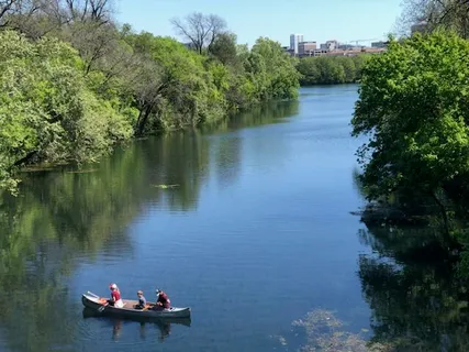 a lake view with boat and trees in the background
