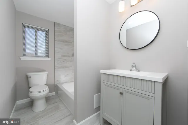 a bathroom with a sink toilet a mirror and vanity