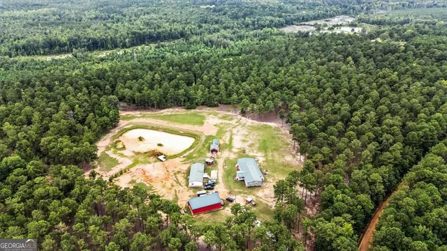 an aerial view of residential house with green space