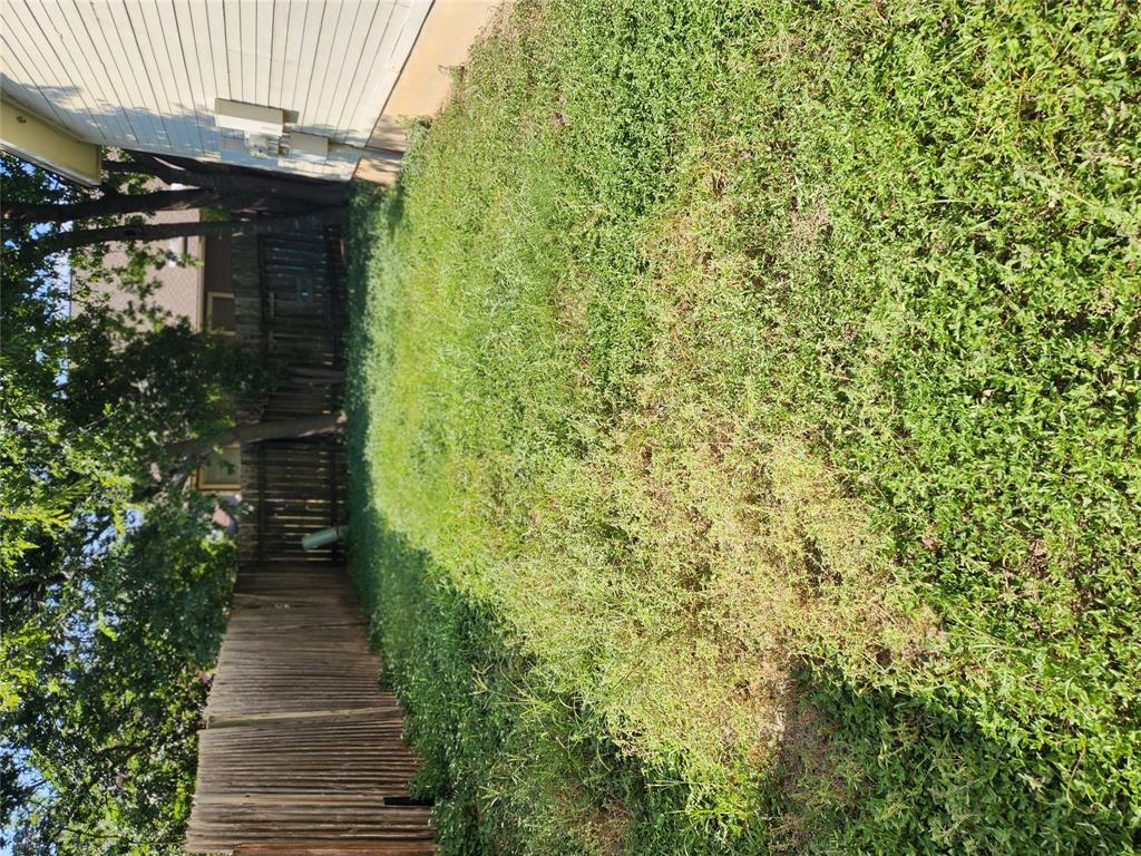 8811 Clearbrook Trail Austin, TX 78729 - Photo 4 of 38 lft A - A private yard with a wooden pathway leads to a secure fence, surrounded by verdant foliage.