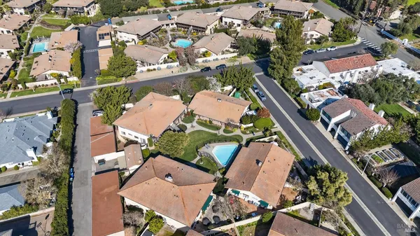 an aerial view of a house with a yard and potted plants