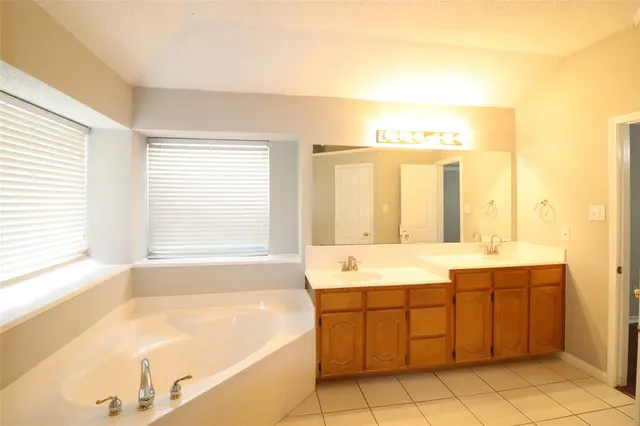 a bathroom with a tub sink and mirror