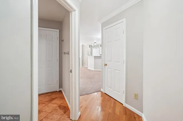 a view of a hallway with wooden floor and closet
