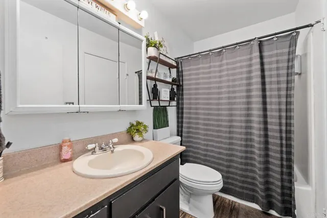 a bathroom with a sink vanity mirror and toilet