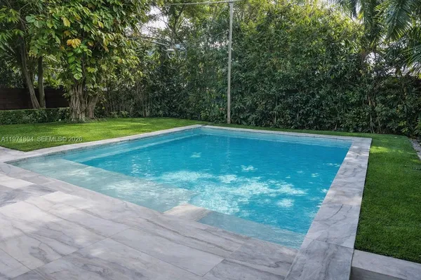 a view of a swimming pool with a yard