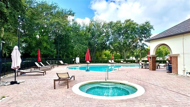 a garden view with a seating space