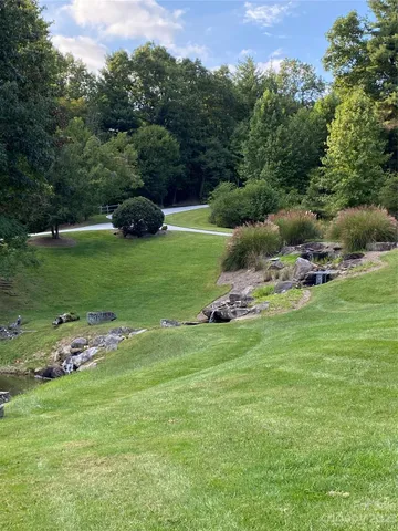 a garden with trees in the background