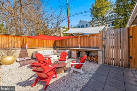 an outdoor sitting area with furniture and garden view