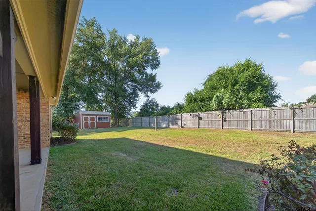 a view of a backyard with a small cabin