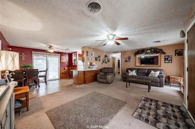 a view of a dining room with furniture