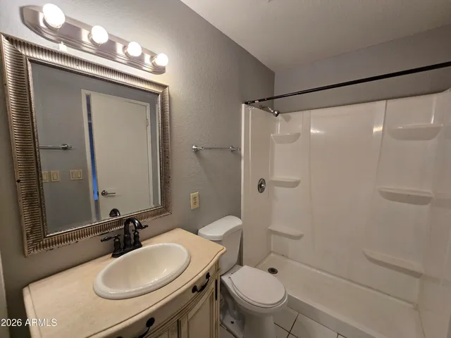 a bathroom with a sink toilet a mirror and shower