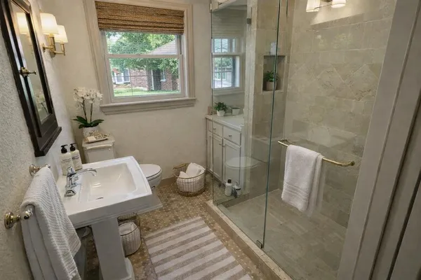 a bathroom with a sink and mirror