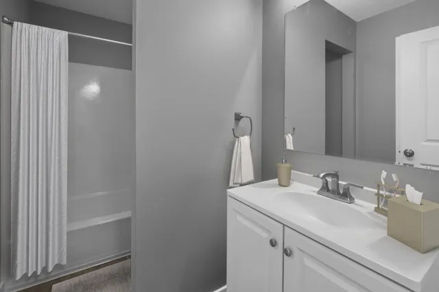 a bathroom with a sink and a mirror