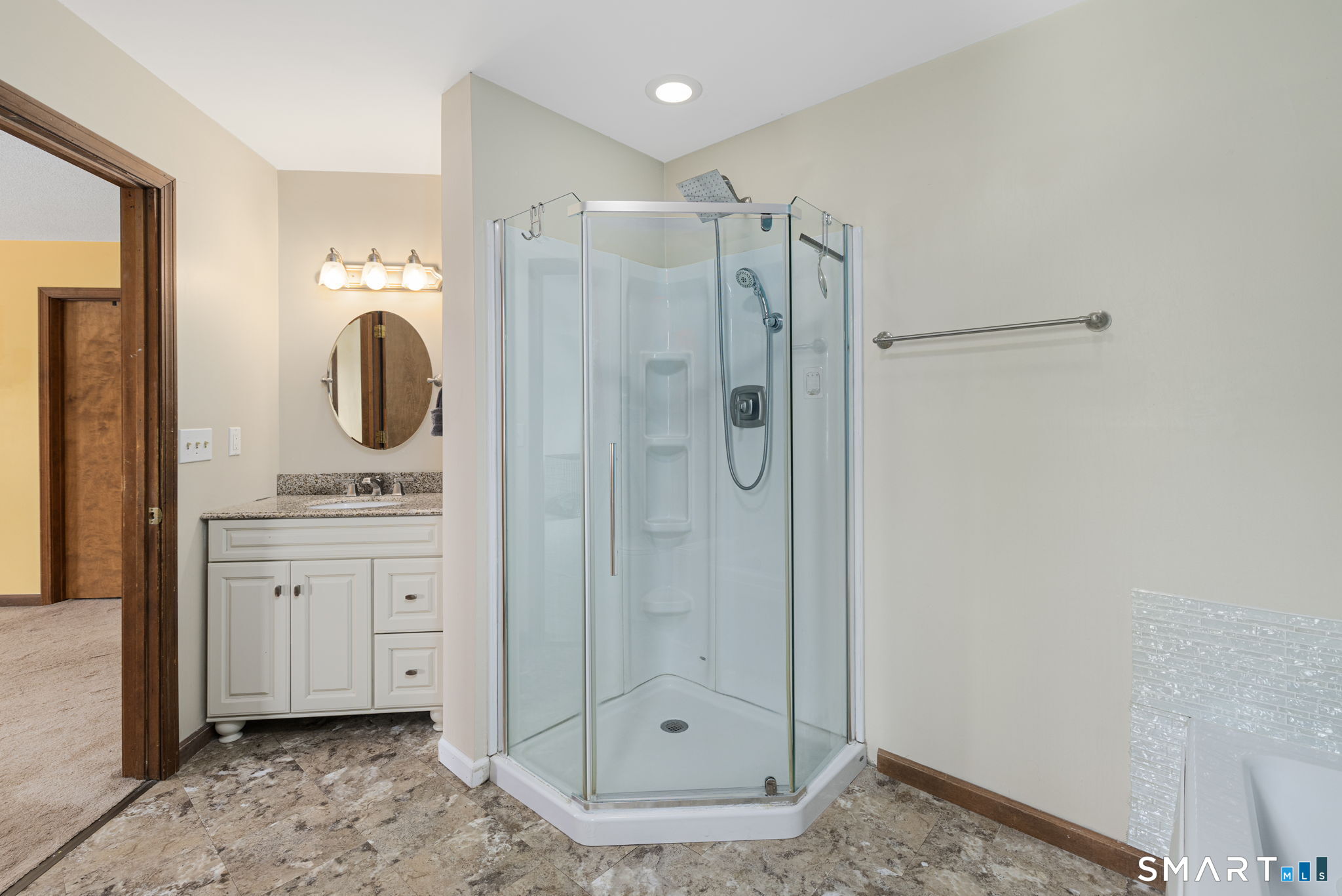 89 Kinney Hill Road Plainfield, CT 06374 - Photo 20 of 33 a bathroom with a granite countertop sink mirror and shower