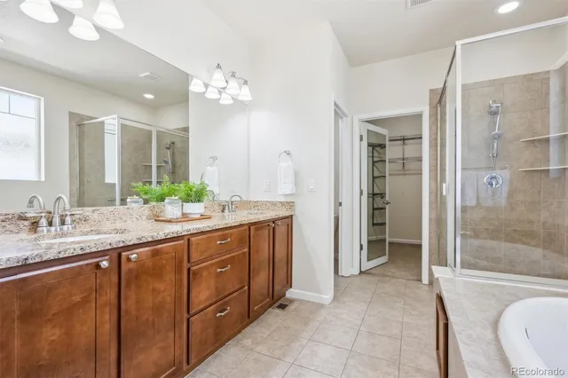 a spacious bathroom with a granite countertop sink a toilet a mirror and shower