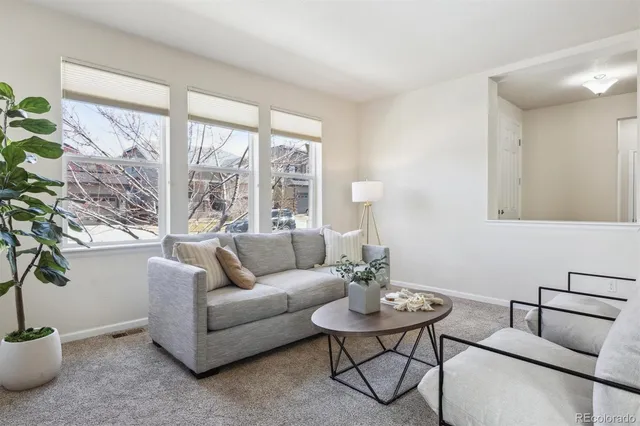 a living room with furniture and a potted plant
