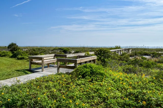 a view of a field with an ocean view