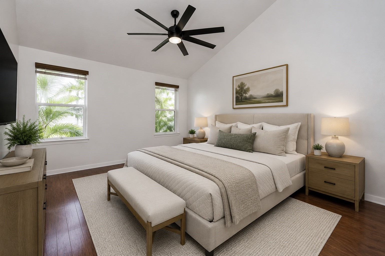 8715 Vinkins Road Houston, TX 77071 - Photo 28 of 48 Retreat to the spacious primary suite featuring soaring ceilings, abundant natural light, warm wood-look flooring, and a peaceful atmosphere designed for relaxation. Room has been virtually staged to illustrate its potential