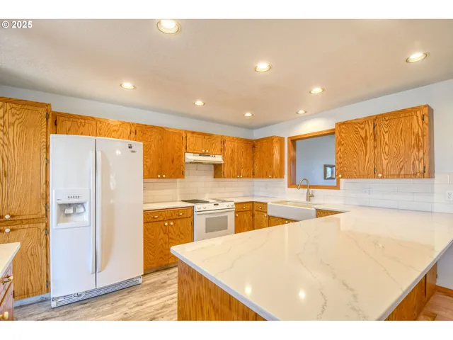 a kitchen with stainless steel appliances granite countertop a sink and a refrigerator