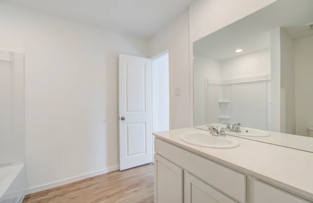 a bathroom with a sink a mirror and a shower