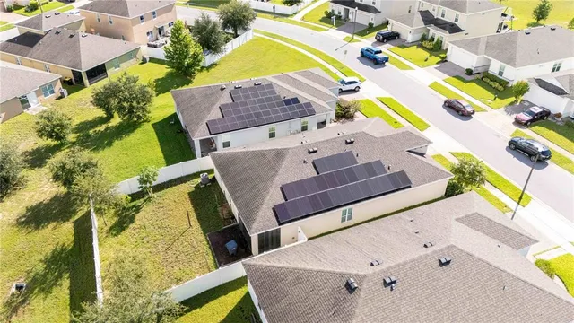 an aerial view of a house with a swimming pool