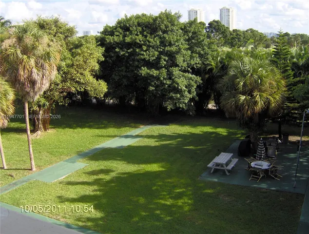 a view of a park with large trees