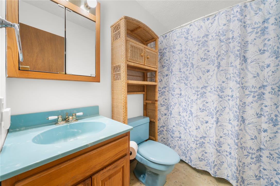 222 Powder Horn Road Henryville, PA 18332 - Photo 14 of 25 A well-lit primary bathroom features a vibrant blue vanity and toilet, complemented by a woven storage tower.