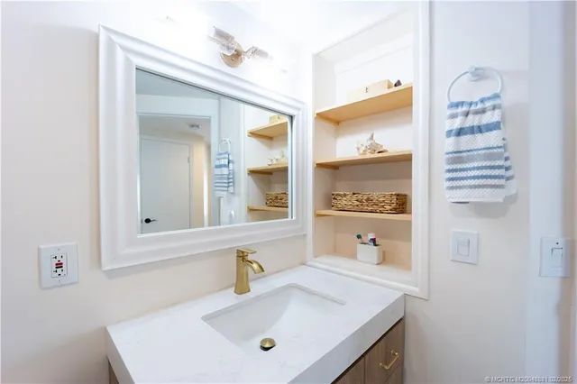 a bathroom with a sink vanity and a mirror