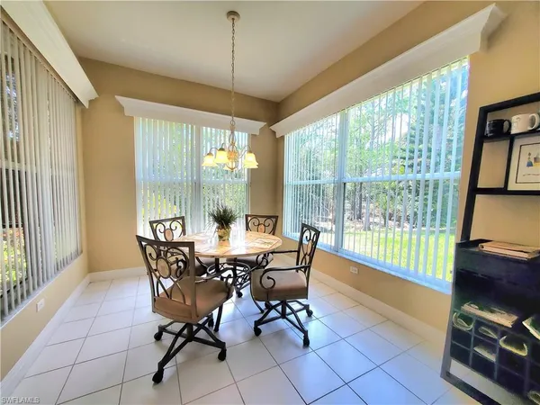 a view of a dining room with furniture window and outside view