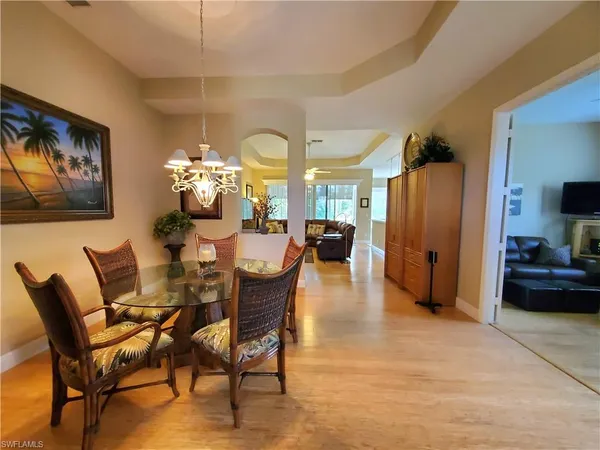 a view of a dining room with furniture