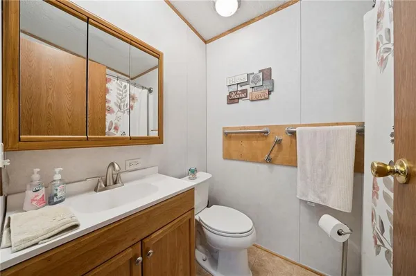 a bathroom with a sink mirror vanity and toilet