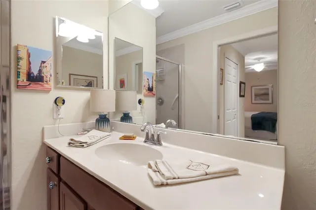 a bathroom with a sink vanity and a mirror