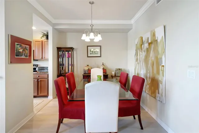 a view of a dining room with furniture
