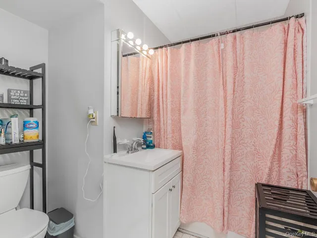a bathroom with a sink a toilet and shower curtain