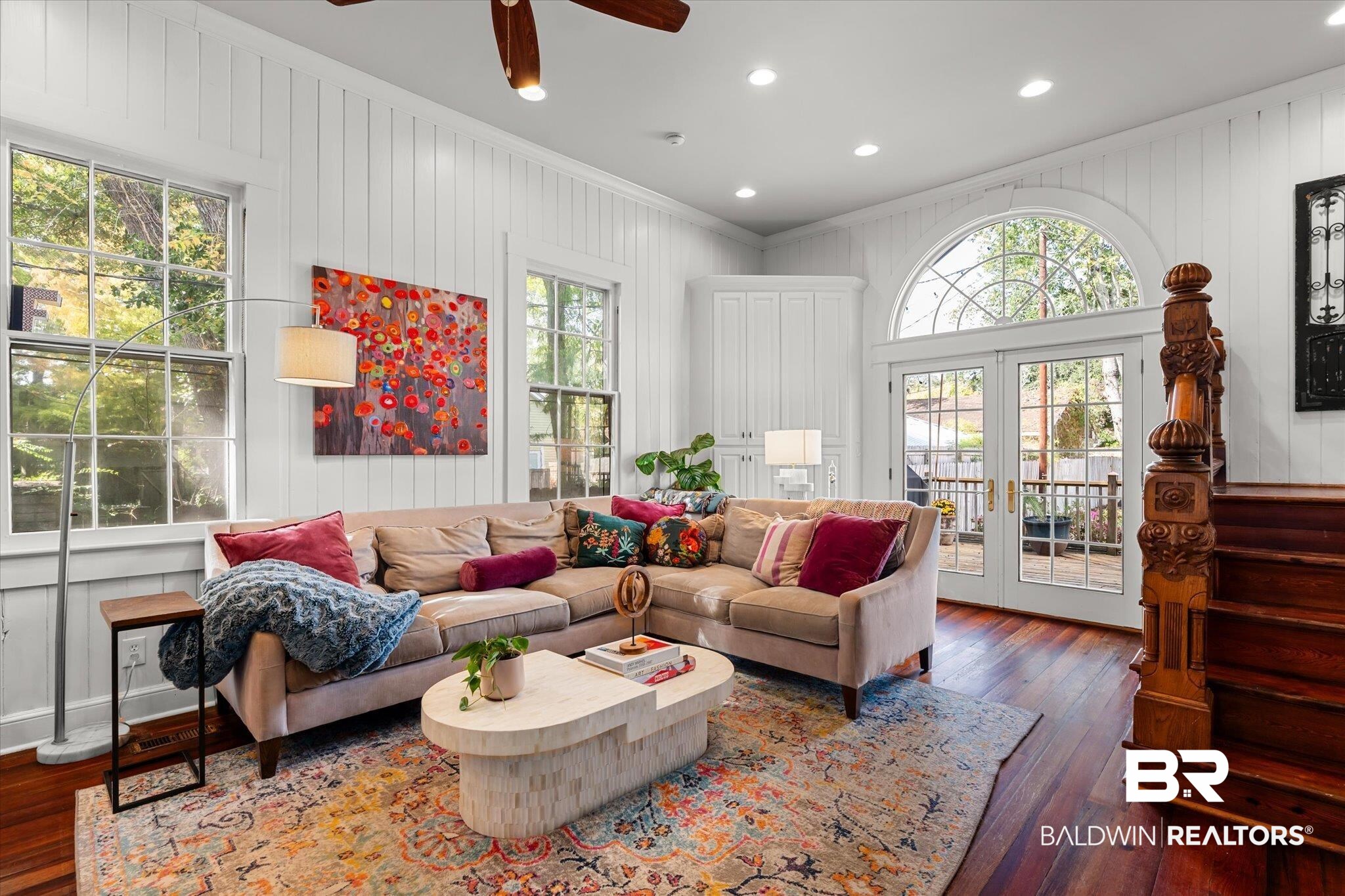 1210 Government Street Mobile, AL 36604 - Photo 16 of 37 Living room with dark wood-type flooring, crown molding, french doors, and ceiling fan